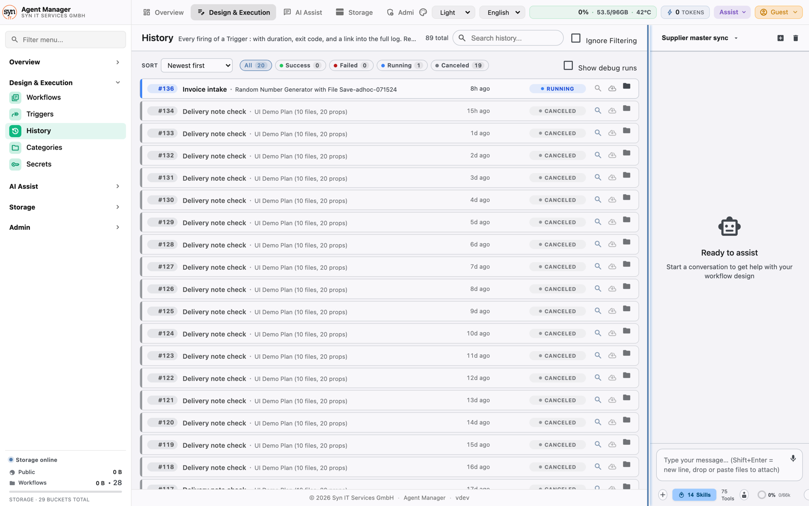 Agent Manager run history listing each execution with its status, age and links into the log and output files