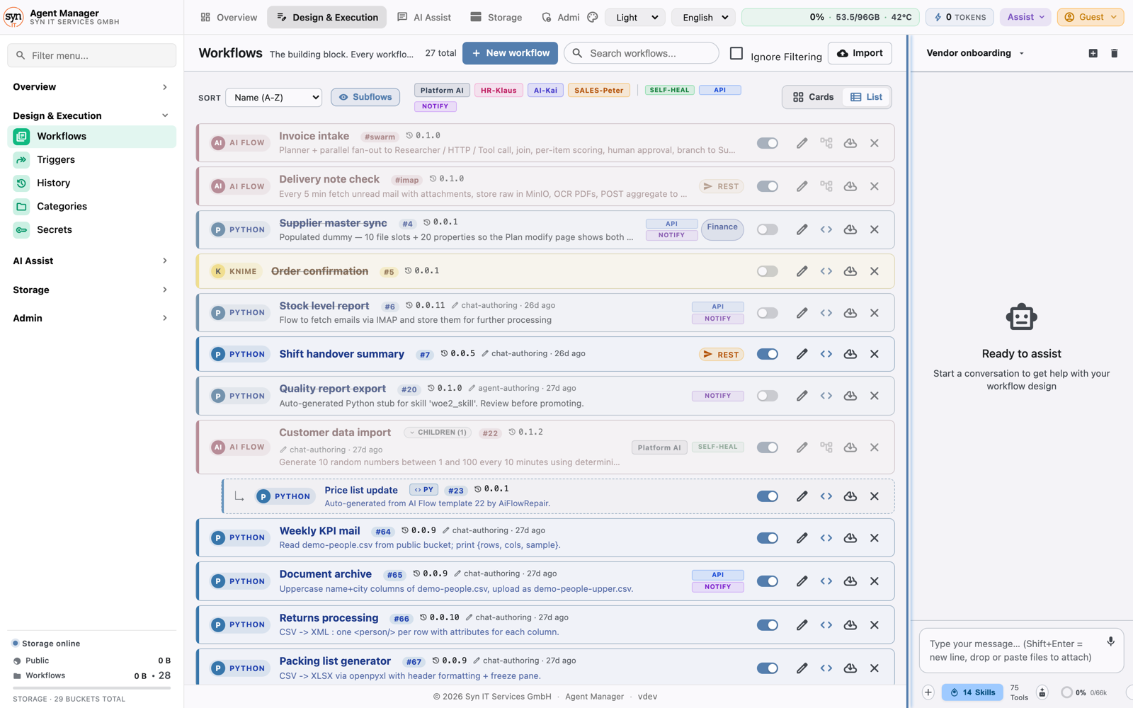 Agent Manager catalogue of automations shown as cards with tags, versions and on-off switches