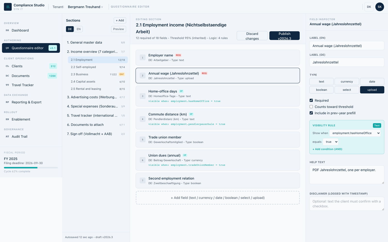 The questionnaire editor: sections on the left, the fields of the open section in the middle with their visibility rules, and an inspector on the right for the selected field with its label in each language it is published in.